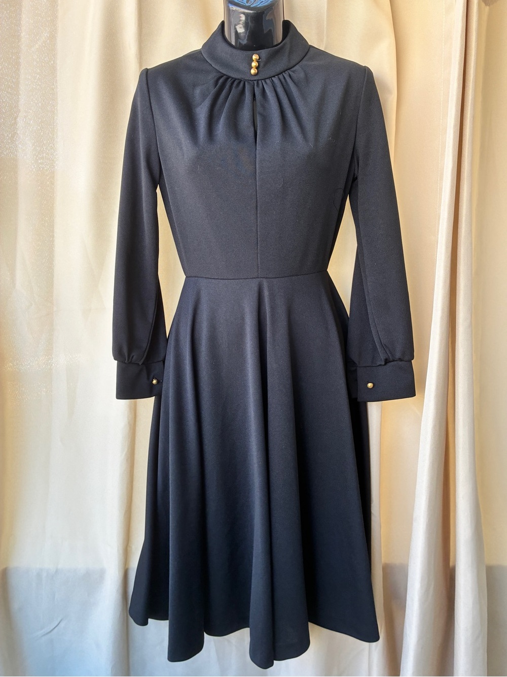 SEARS 70s Vintage Black Pleated Tie Waist Dress XS